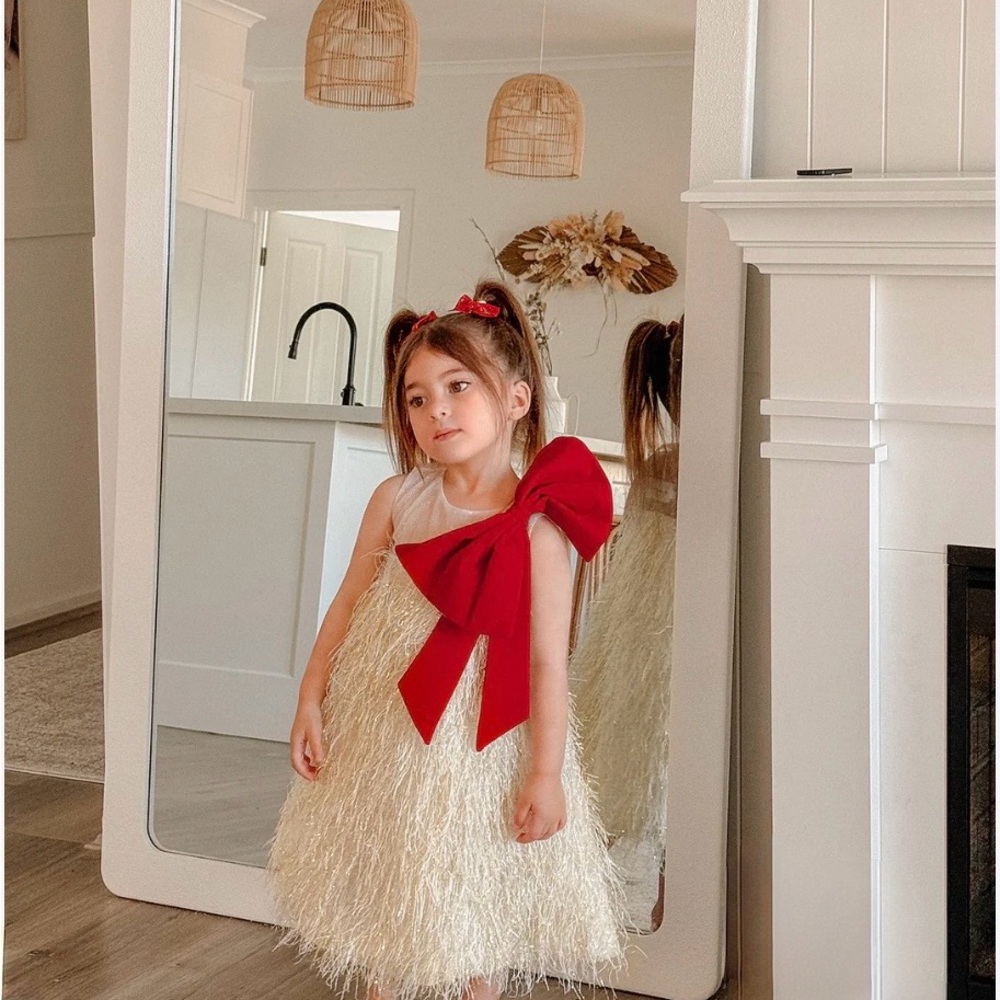Red Bow Cream Feather Dress